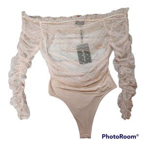 Pretty little thing Pink Dobby mesh bardot long sleeve bodysuit sz 12 NWT